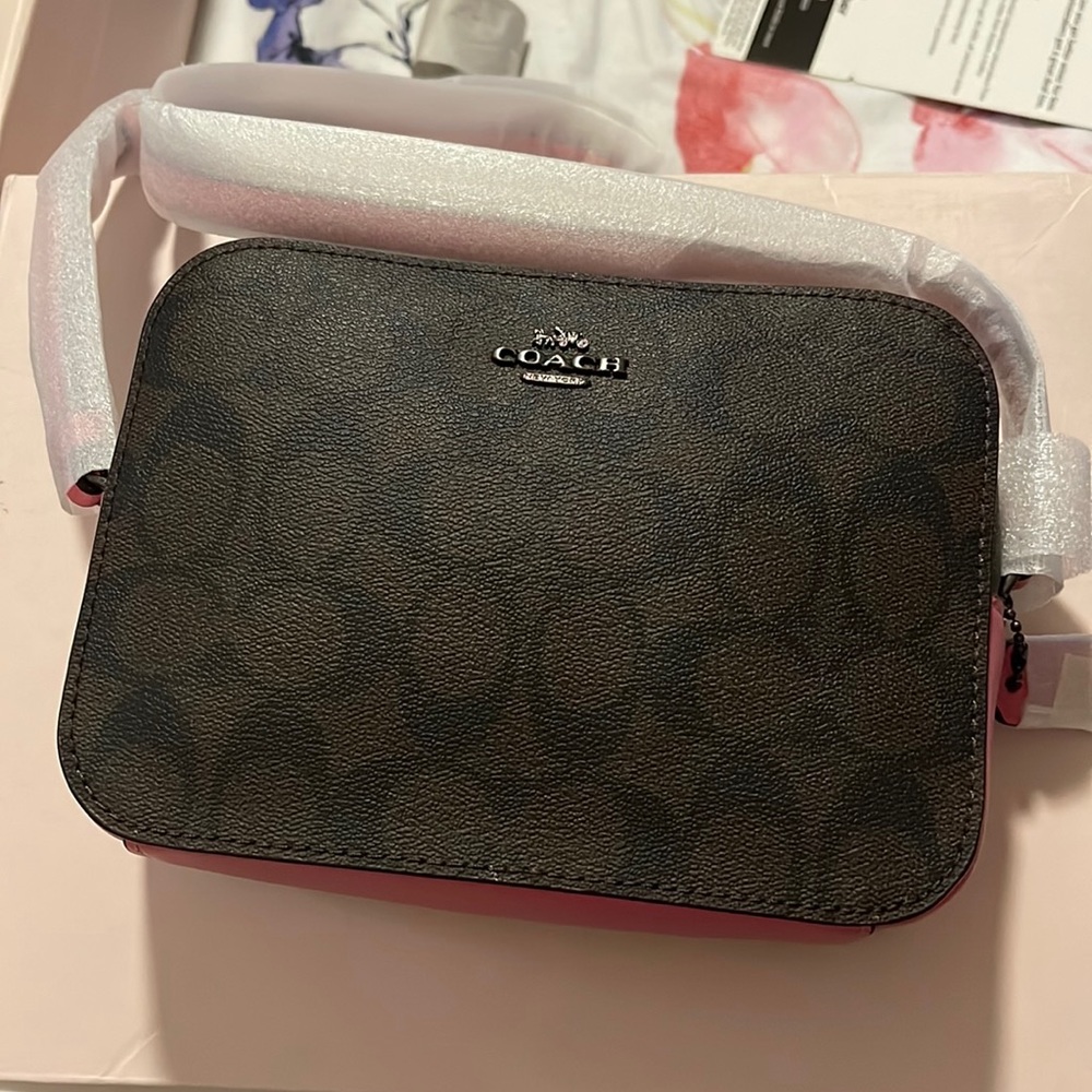 Small brown with pink authentic coach camera crossbody bag
